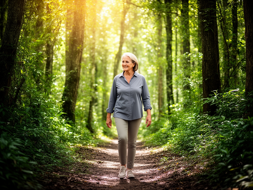 Persona de mediana edad caminando en un sendero de bosque verde exuberante con luz solar que se filtra entre los árboles, capturando un momento tranquilo de conexión con la naturaleza