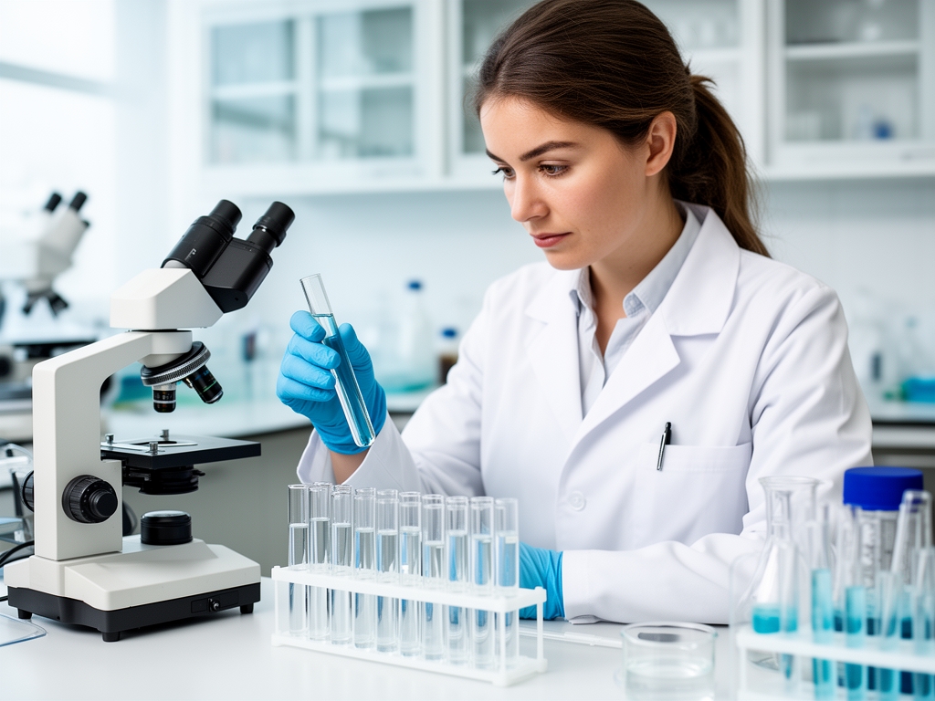 Científica con bata blanca examinando tubos de ensayo con líquidos transparentes en un laboratorio moderno bien iluminado, con microscopio y material de laboratorio visible en segundo plano