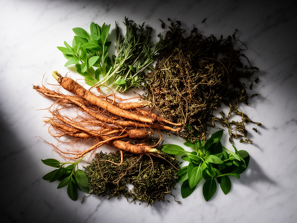Vista aérea de ingredientes naturales botánicos — raíces, hierbas secas y hojas verdes sobre superficie de mármol blanco con luz lateral suave y dramática