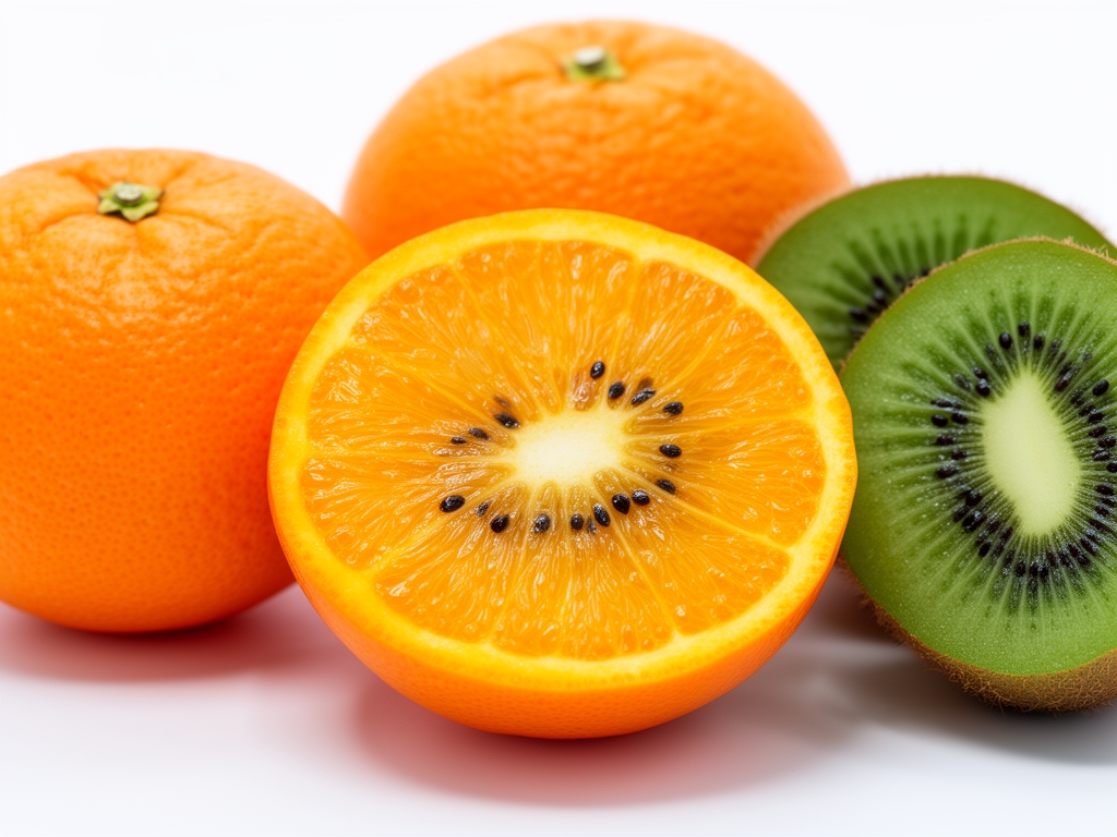 Primer plano artístico de naranjas y kiwis cortados mostrando la pulpa jugosa y vibrante con semillas visibles, sobre superficie blanca con luz cenital suave