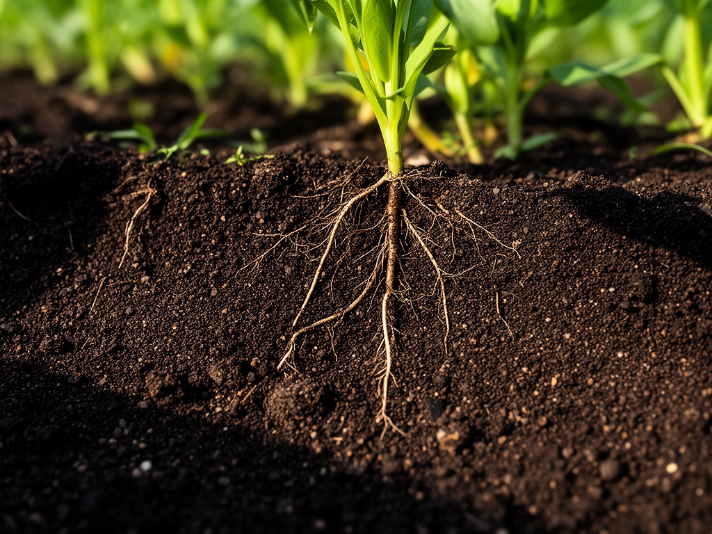 Detalle de suelo agrícola fértil oscuro con raíces de plantas visibles y textura granular, fotografiado con luz natural lateral para resaltar la riqueza mineral del sustrato