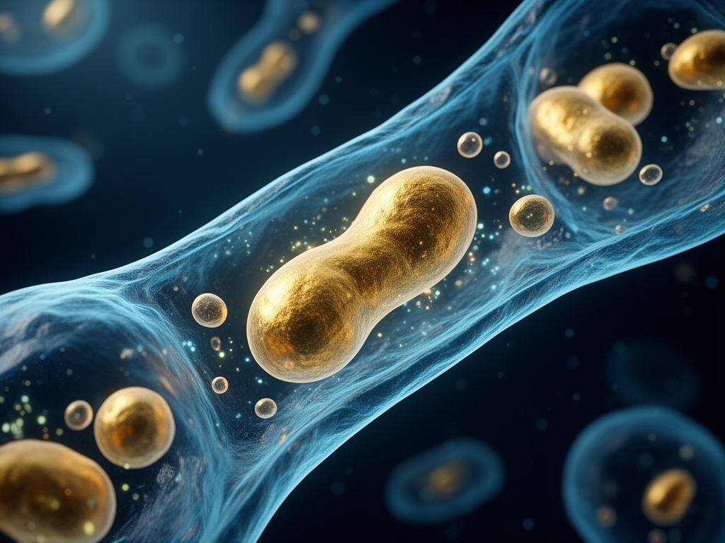Representación artística abstracta del interior de una célula biológica, con mitocondrias redondeadas doradas y membranas azules translúcidas sobre fondo oscuro con detalles de bioluminiscencia