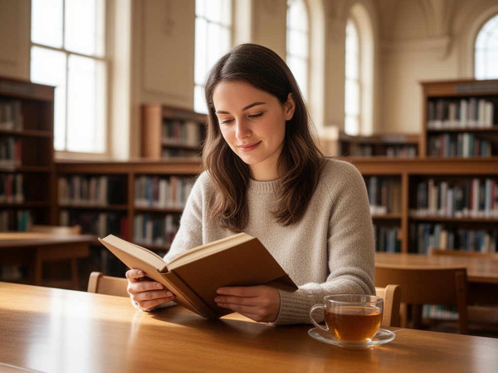 Mujer joven de aspecto sereno leyendo en una biblioteca luminosa con estantes de madera al fondo, luz natural que entra por ventanas altas y una taza de té sobre la mesa